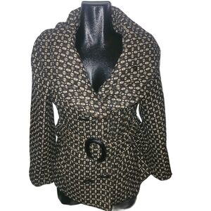 Nicole Benisti Black and Tan Double-breasted Tweed Shawl Neck Belted Coat XL